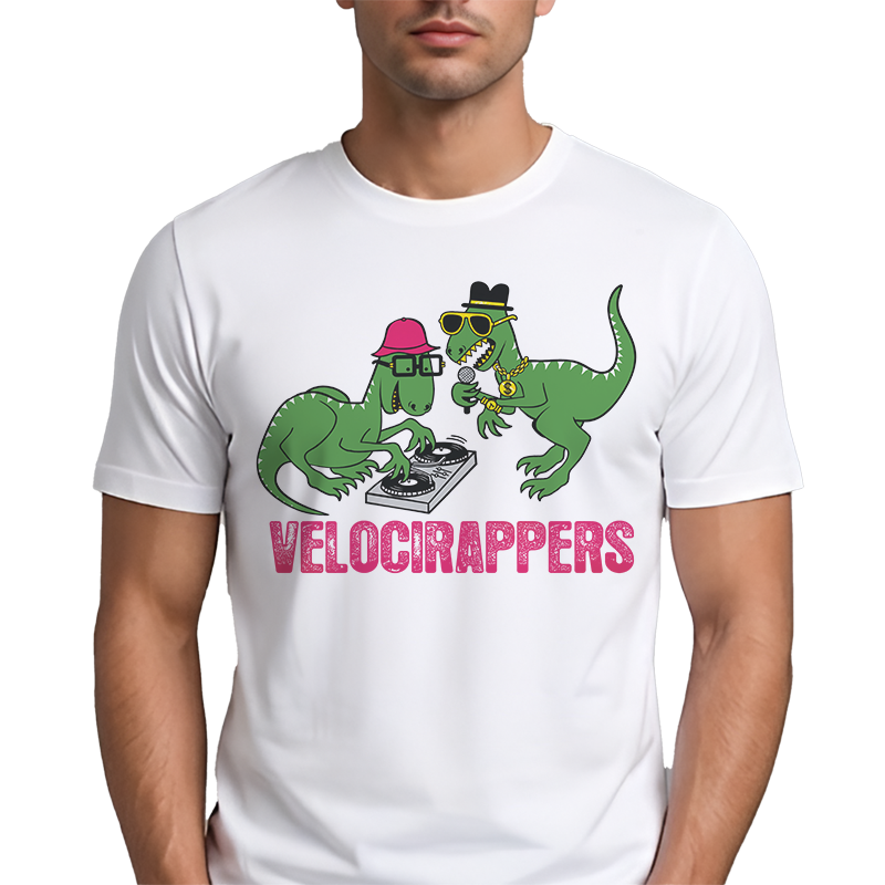 Velocirappers Graphic Tee – Funny Dinosaur Hip-Hop Front Print