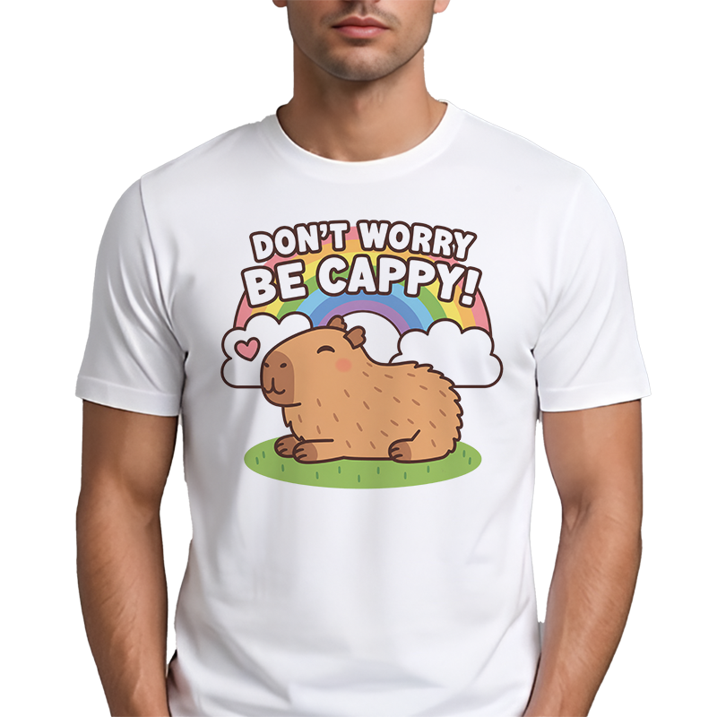 Don’t Worry Be Cappy Graphic Tee – Cute Capybara Rainbow Front Print