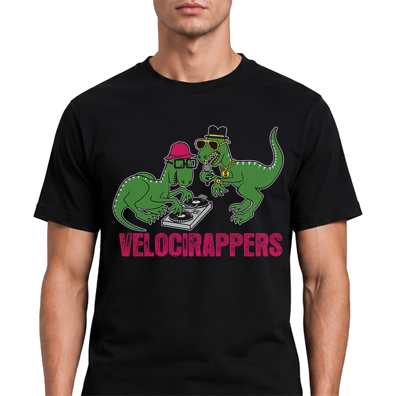 Velocirappers Graphic Tee – Funny Dinosaur Hip-Hop Front Print