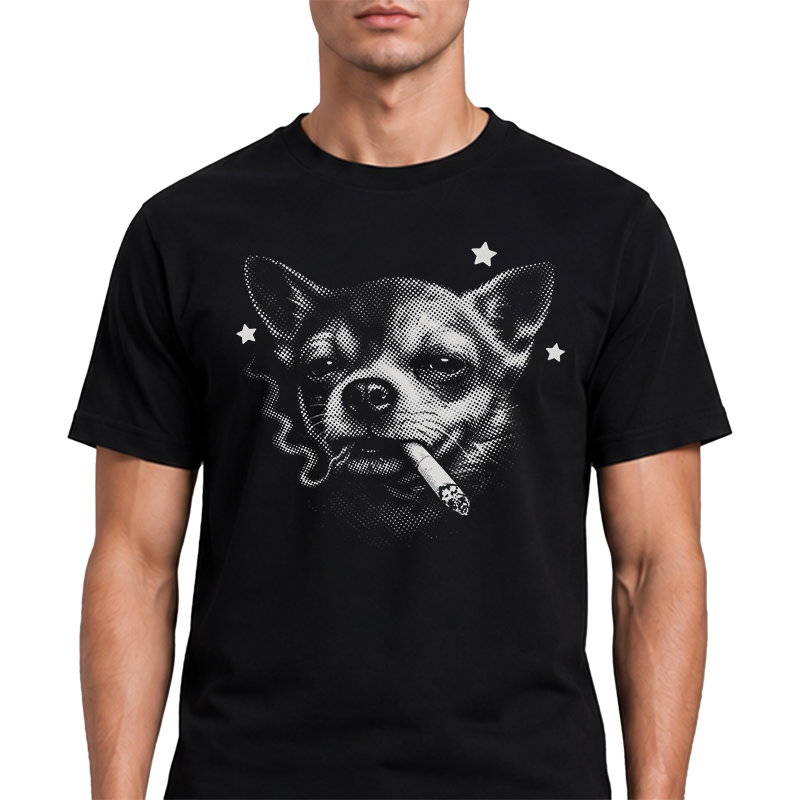 Smoking Chihuahua Graphic Tee – Edgy Halftone Dog Front Print