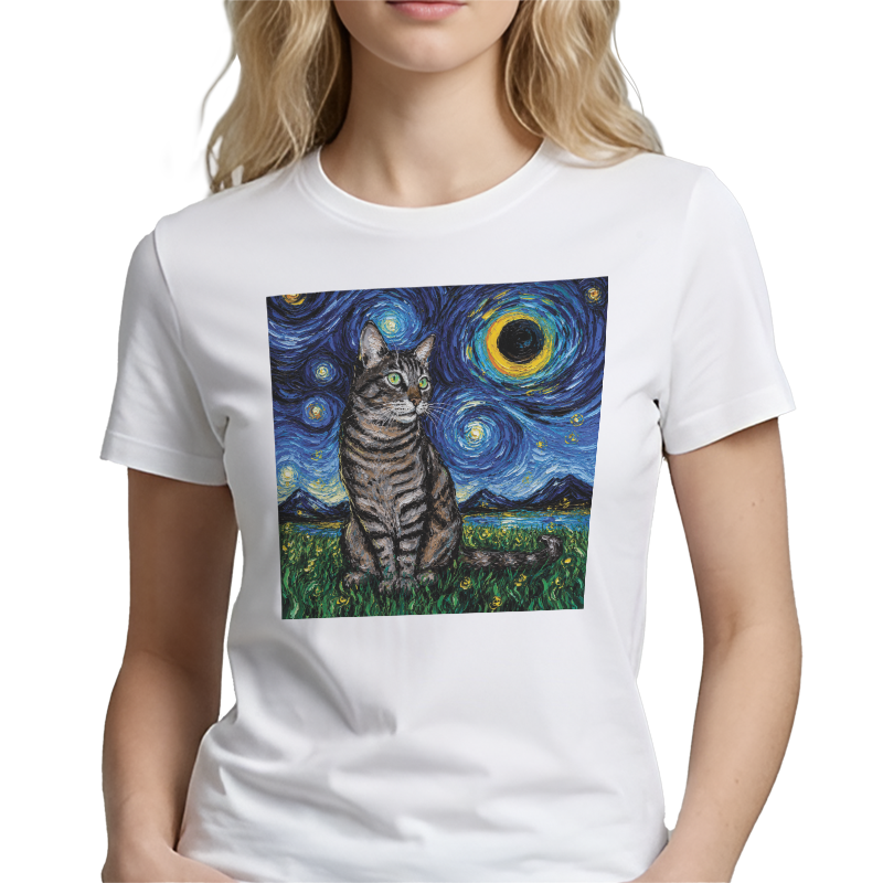 Starry Night Cat Art Graphic T-Shirt