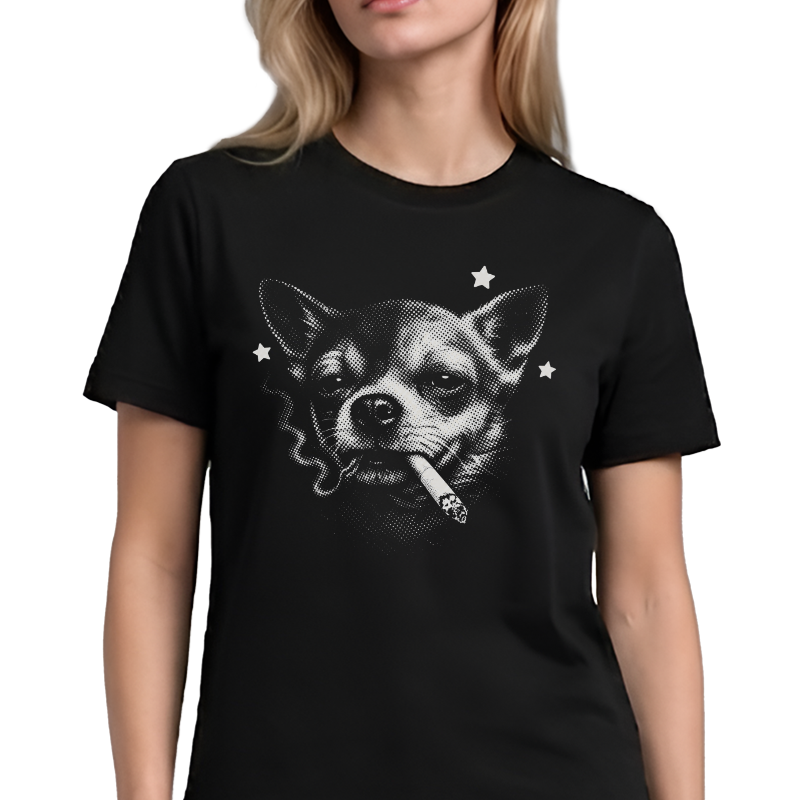 Smoking Chihuahua Graphic Tee – Edgy Halftone Dog Front Print