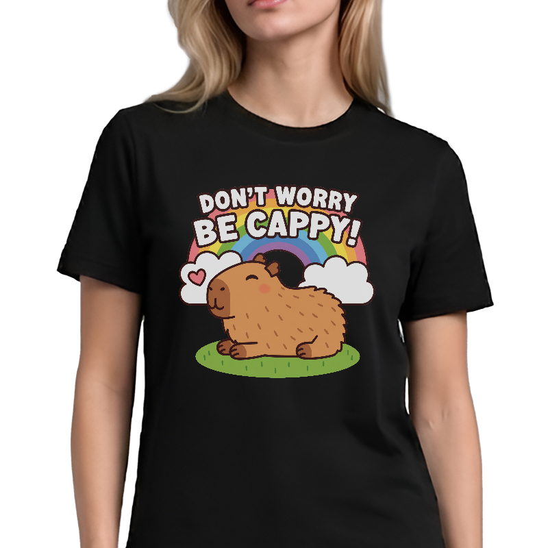 Don’t Worry Be Cappy Graphic Tee – Cute Capybara Rainbow Front Print