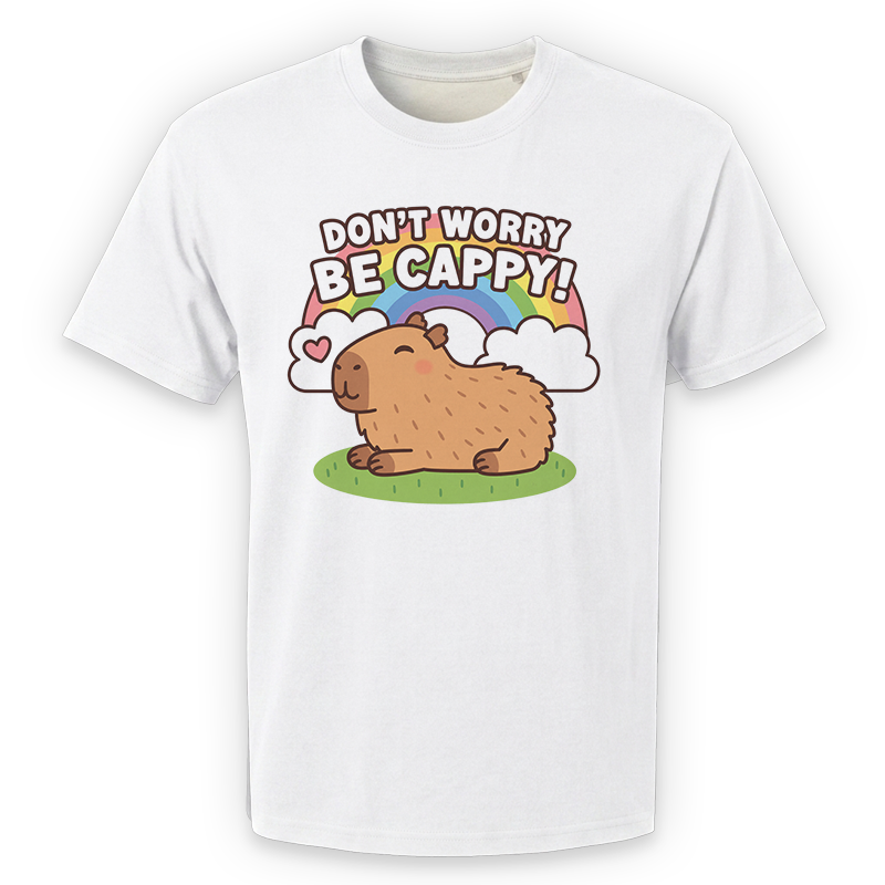 Don’t Worry Be Cappy Graphic Tee – Cute Capybara Rainbow Front Print