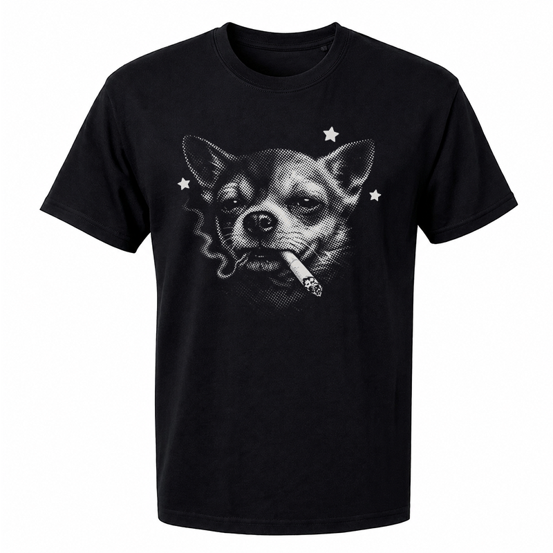 Smoking Chihuahua Graphic Tee – Edgy Halftone Dog Front Print