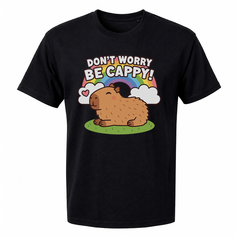 Don’t Worry Be Cappy Graphic Tee – Cute Capybara Rainbow Front Print