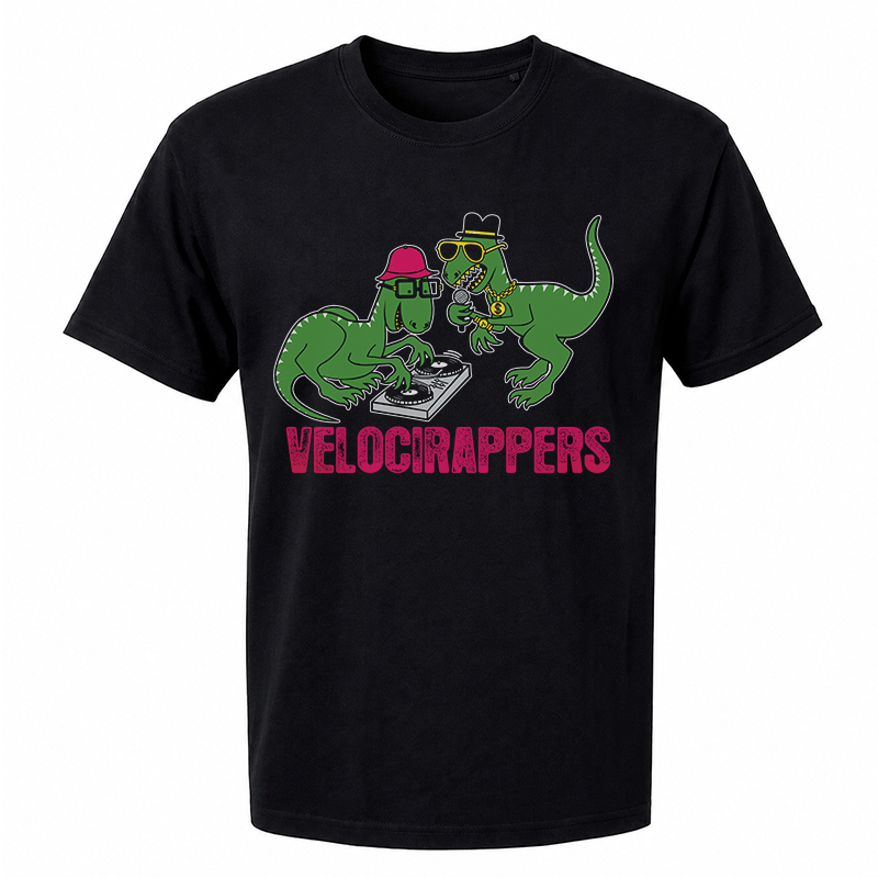 Velocirappers Graphic Tee – Funny Dinosaur Hip-Hop Front Print