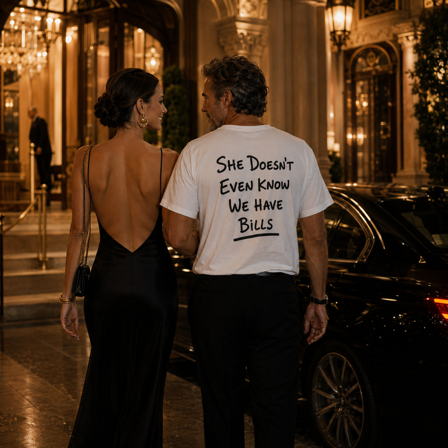 She Doesn't Even Know We Have Bills Back Print Graphic Tee