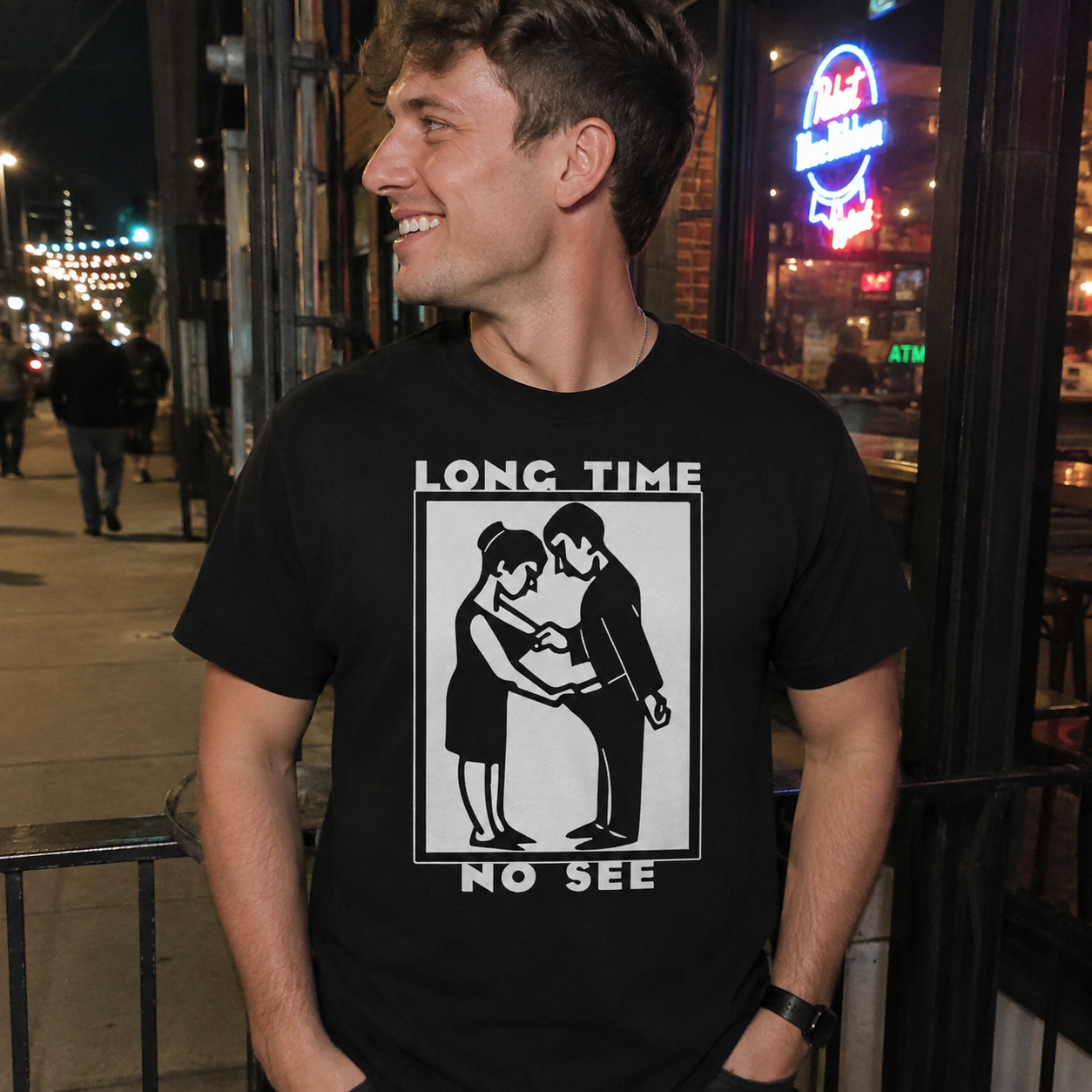 Long Time No See Graphic Tee – Funny Phone Addiction Front Print