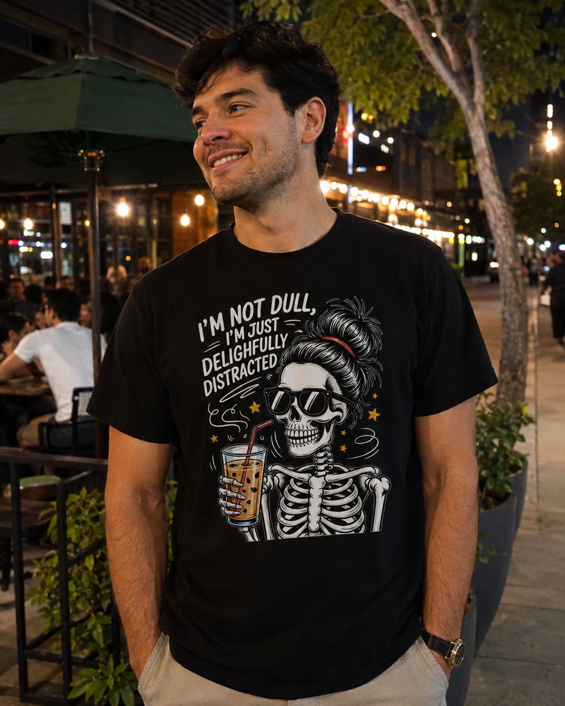 I’m Not Dull, I’m Just Delightfully Distracted Graphic Tee – Funny Skeleton Front Print