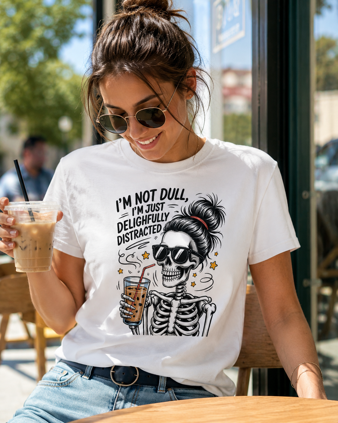 I’m Not Dull, I’m Just Delightfully Distracted Graphic Tee – Funny Skeleton Front Print