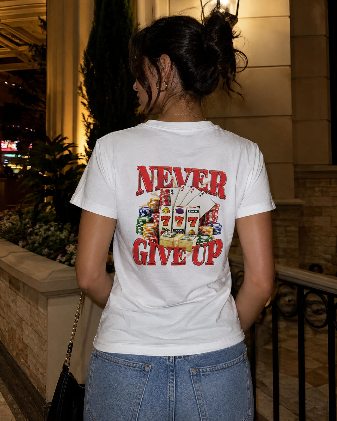 Never Give Up Back Print Graphic Tee – Funny Casino Gambling Tee