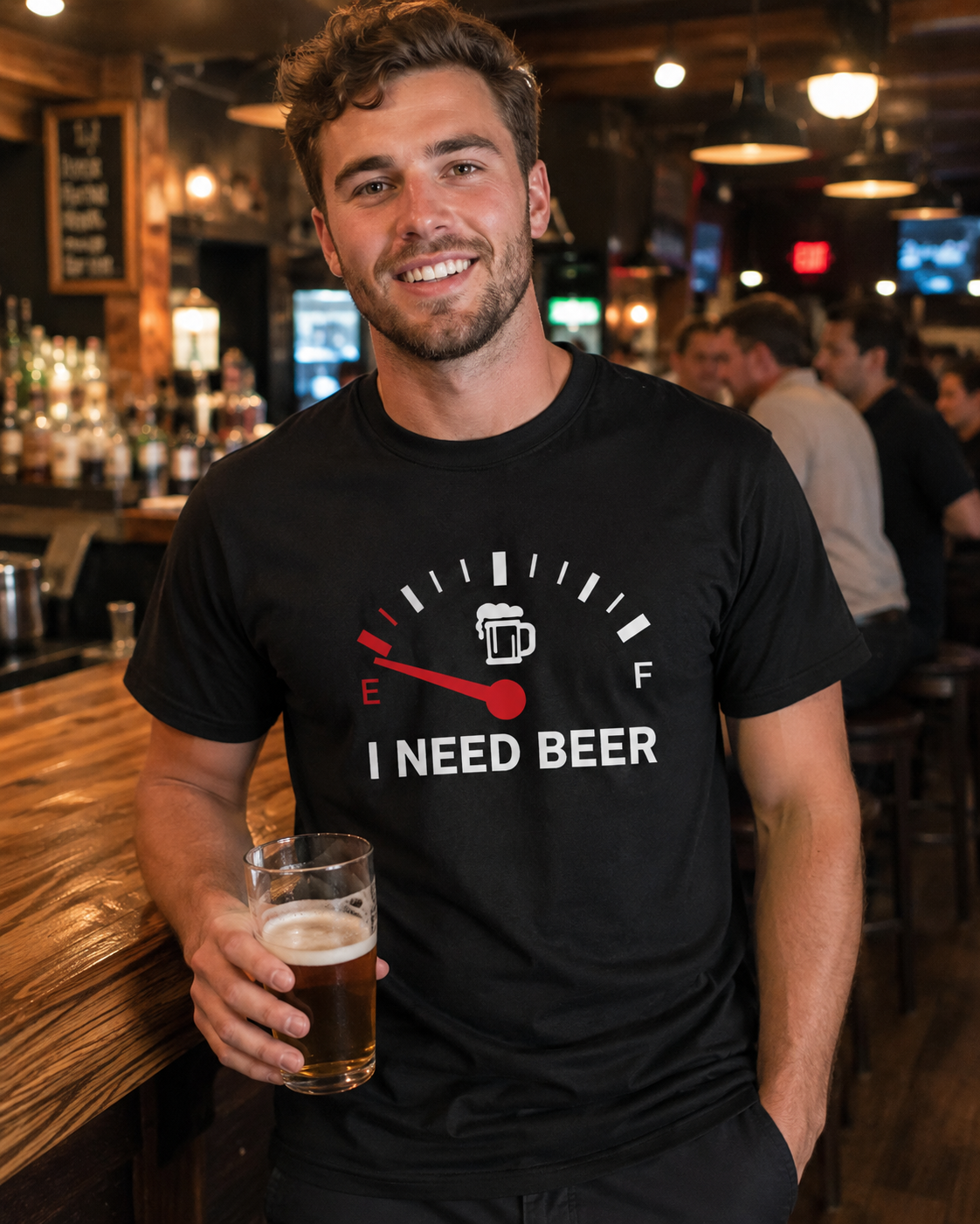 I Need Beer Graphic Tee – Funny Beer Fuel Gauge Front Print