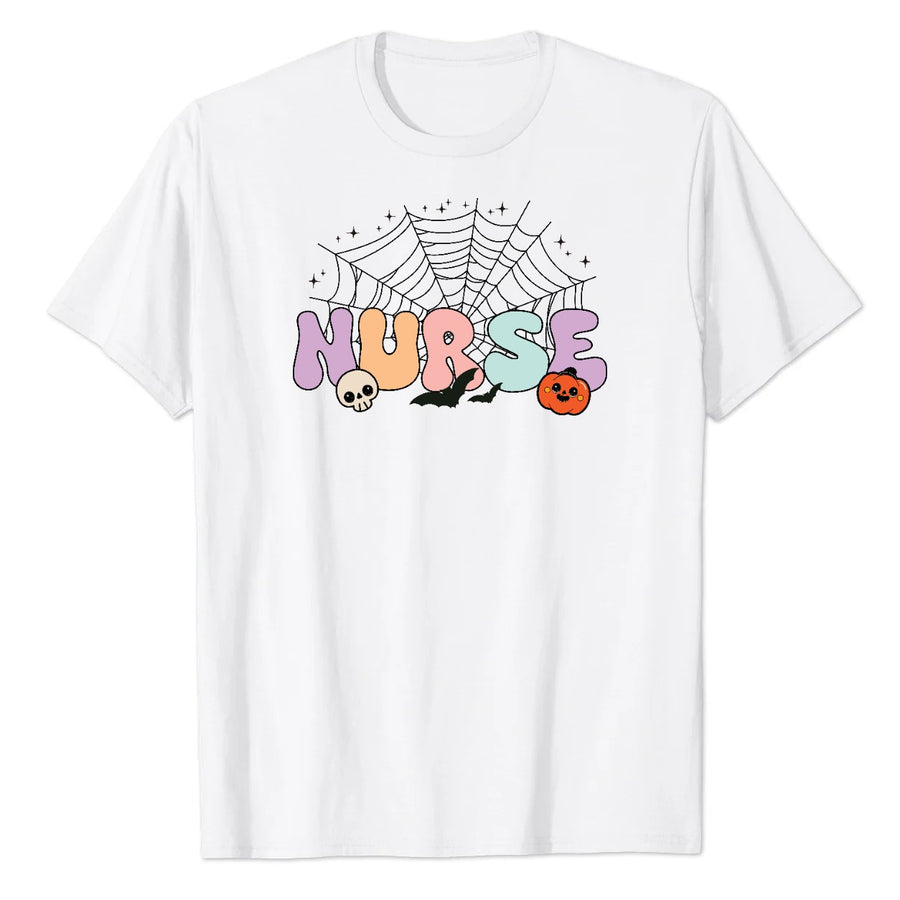 Spooky Nurse Halloween Spider Web Graphic Tee