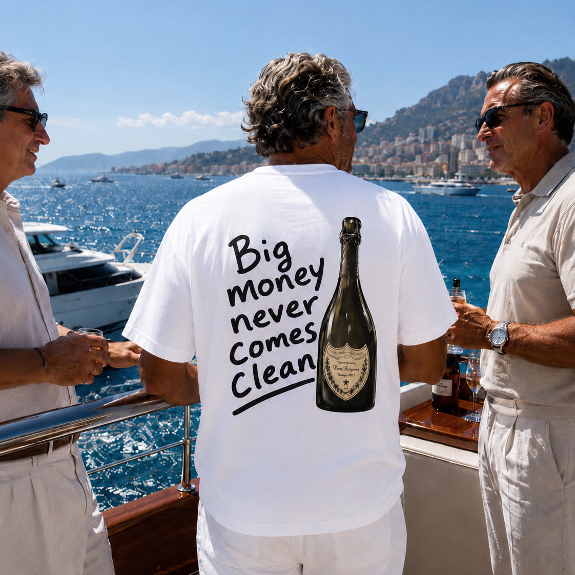 Big Money Never Comes Clean T-Shirt – Funny Dom Pérignon Back Print Graphic Tee
