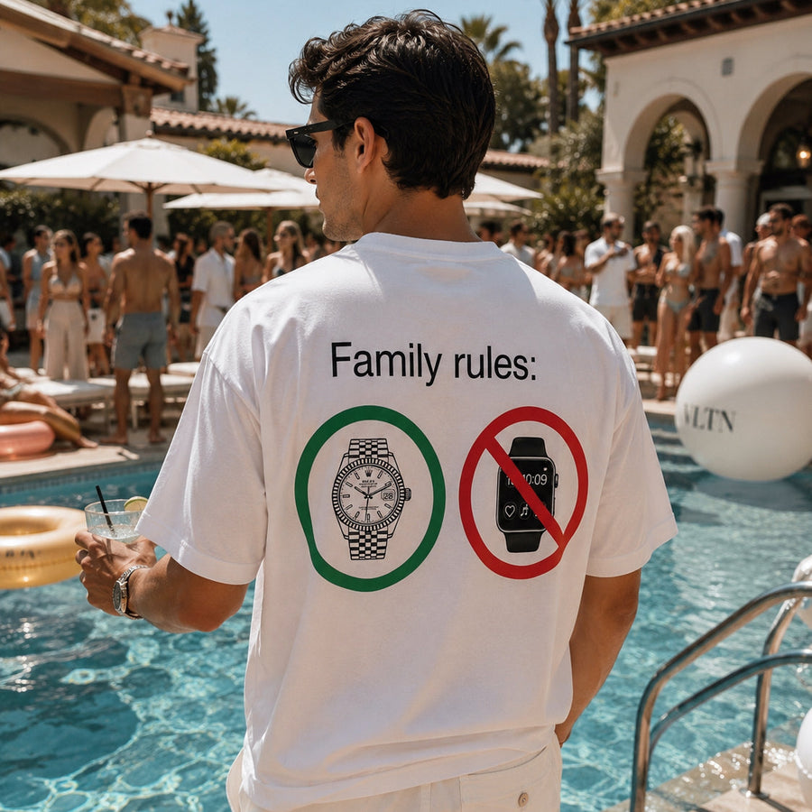 Family Rules T-Shirt – Rolex Yes, Apple Watch No – Funny Watch Snob Back Print Tee
