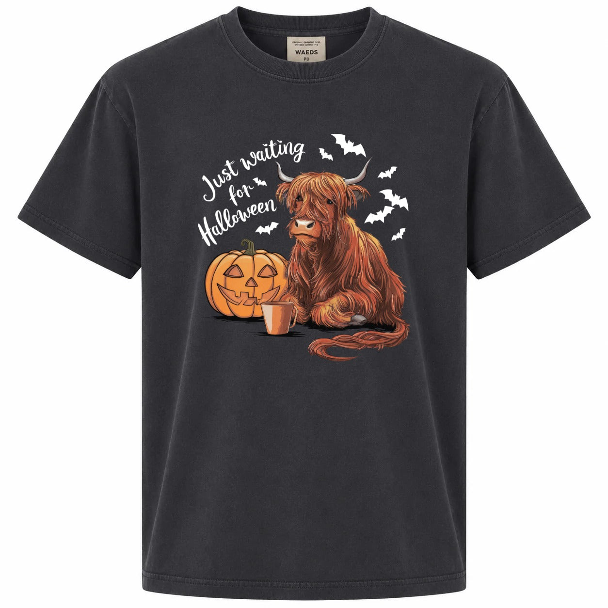 Just Waiting for Halloween Highland Cow Pumpkin Graphic Tee