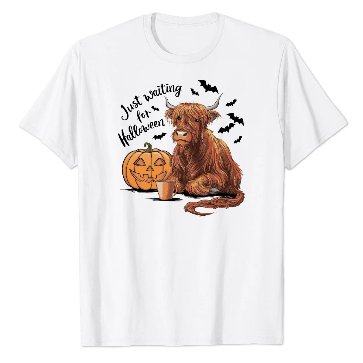 Just Waiting for Halloween Highland Cow Pumpkin Graphic Tee