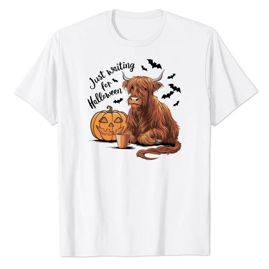 Just Waiting for Halloween Highland Cow Pumpkin Graphic Tee