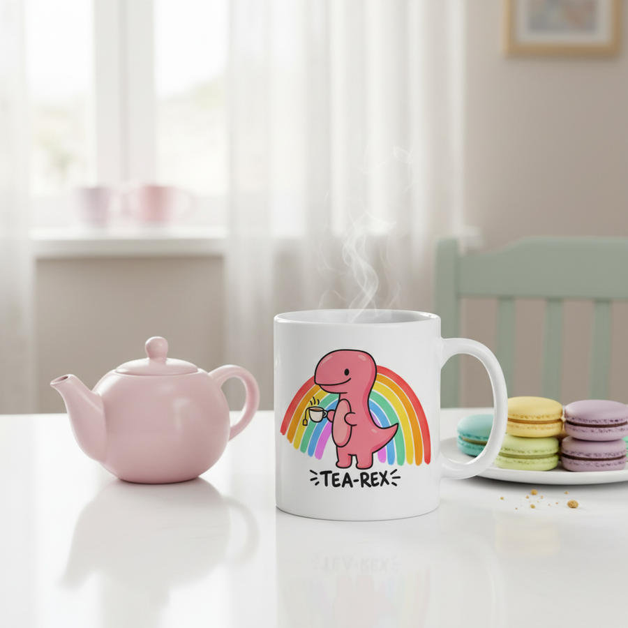 Tea-Rex Graphic Mug on a bright cheerful kitchen counter with teapot and colorful macarons, playful pastel atmosphere