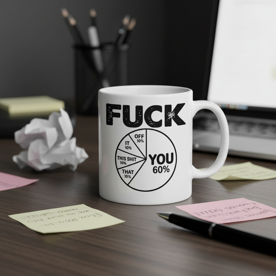 F*ck You Pie Chart Graphic Mug on a messy Monday morning office desk with crumpled paper and sticky notes, moody grey lighting