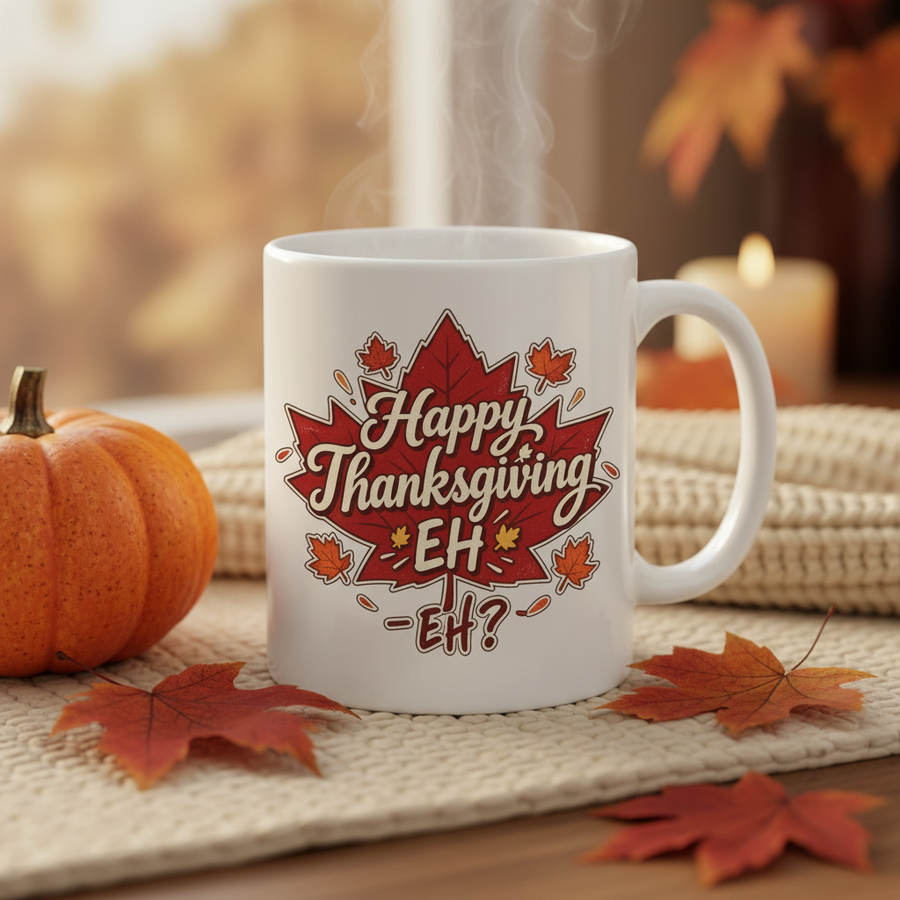 Happy Thanksgiving Eh Graphic Mug on a cozy Canadian autumn table with maple leaves and pumpkin, golden hour light